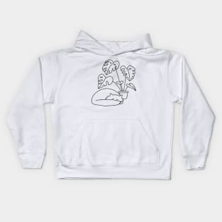 Cat and Plants line art Kids Hoodie